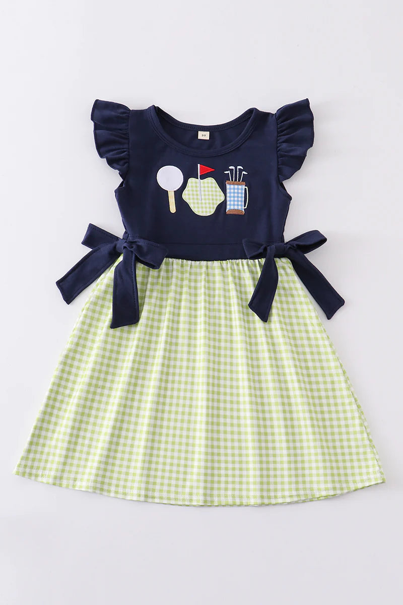 Navy Golf Embroidery Ruffle Plaid Dress