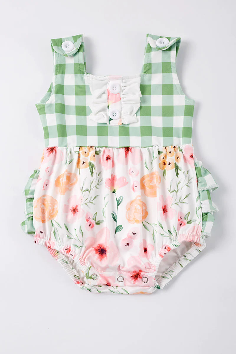 Green Gingham Floral Romper