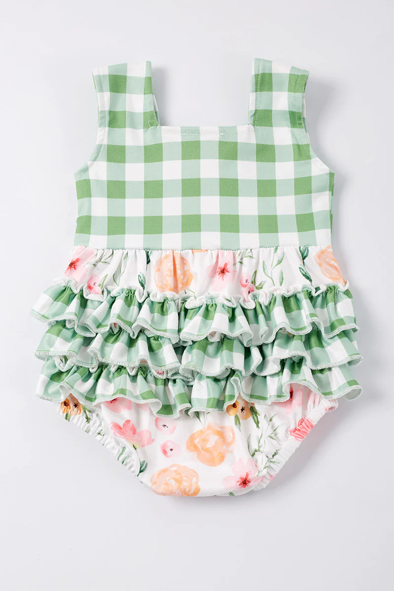 Green Gingham Floral Romper