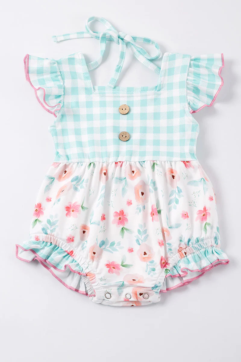 Blue Plaid Floral Print Ruffle Baby Romper